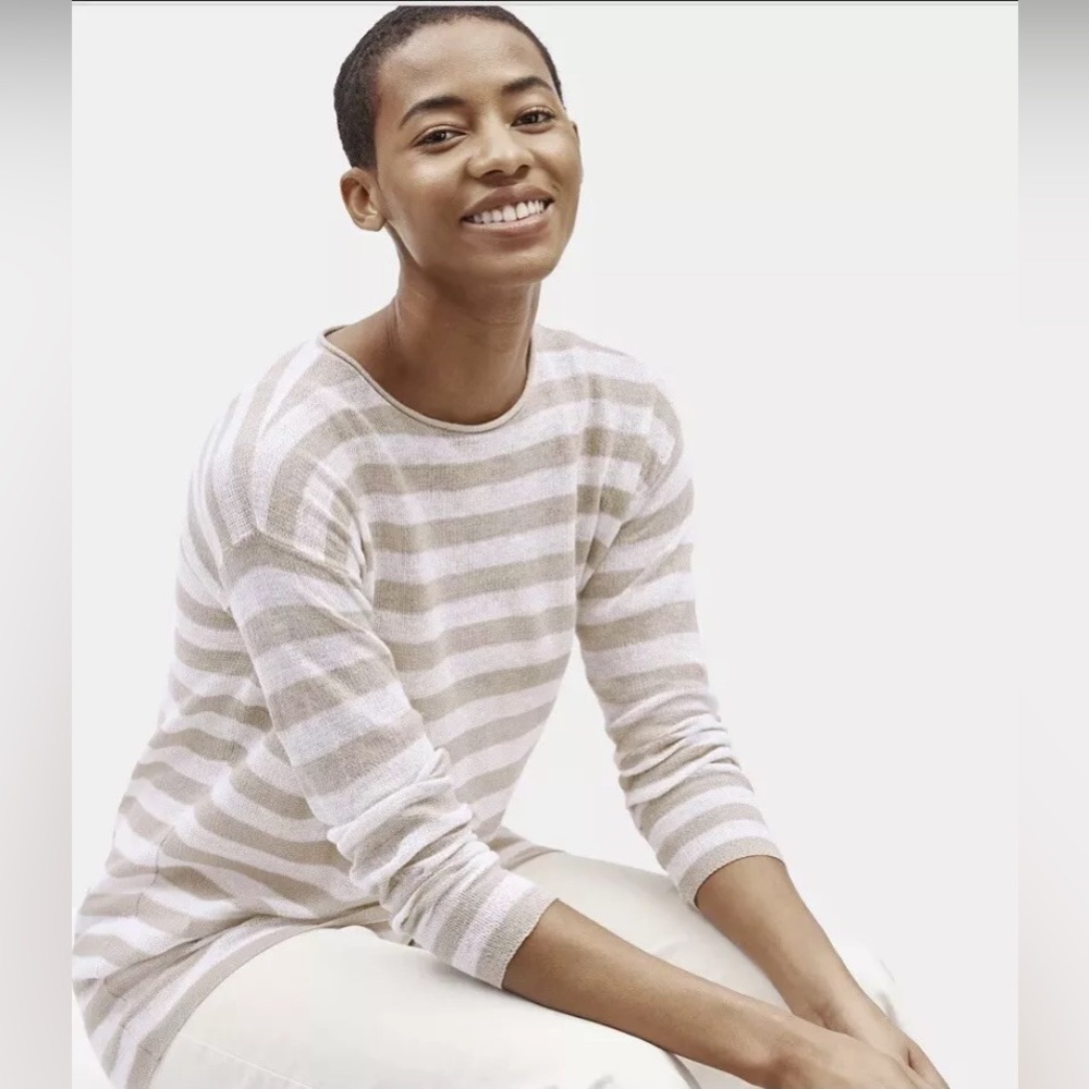 New! Eileen Fisher Organic Linen Cotton Natural White Crew Neck Striped Tunic M